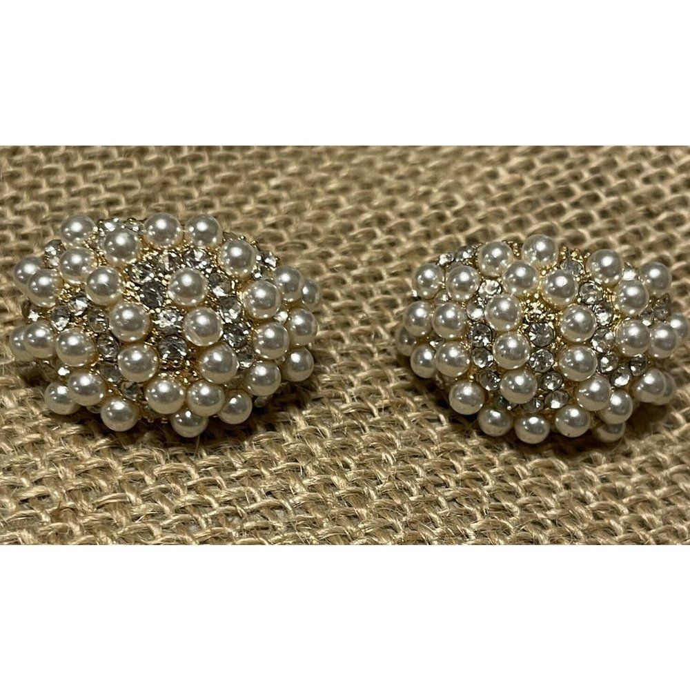 gold tone faux pearl rhinestone encrusted huggie earring wedding formal